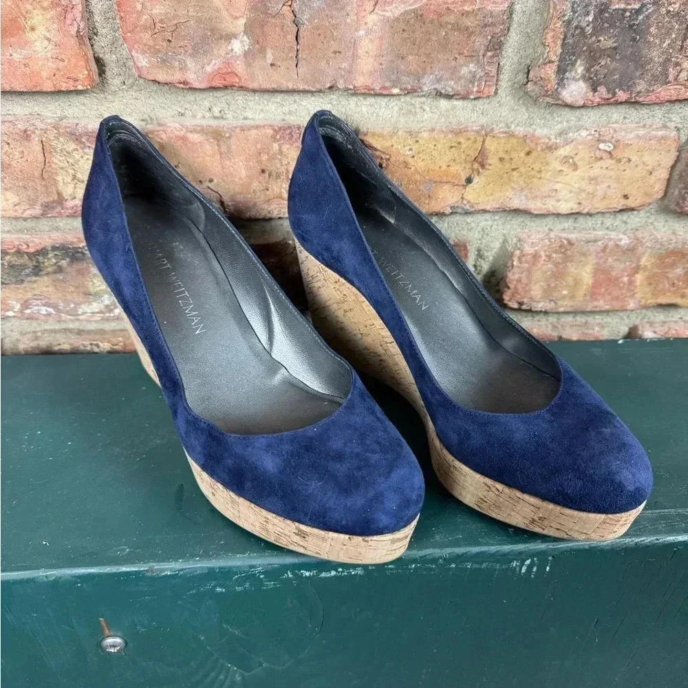Stuart Weitzman Navy Blue Suede Cork Wedge Pumps